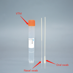 COVID- Entnahmeset: enthält  3ml VTM (inaktivierend) und ein Abstrichstäbchen (nasal o. oral)